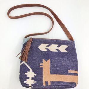 Kilim Purple Blue Tribal Ethnic Rug Design India Leather Strap Shoulder Bag